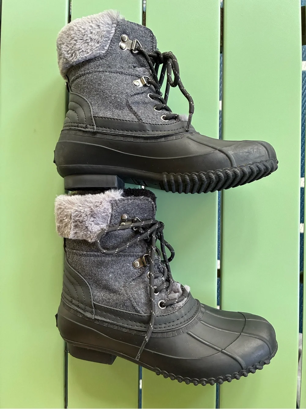 Tommy Hilfiger Black and Gray Faux-Fur Lined Winter Duck Boots